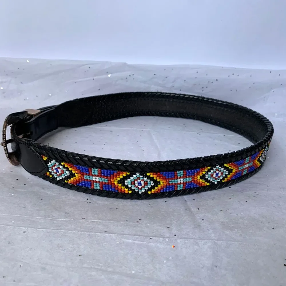 Vintage LL Bean Bauer 1991 Mens Genuine Leather Southwestern Beaded Belt EUC!